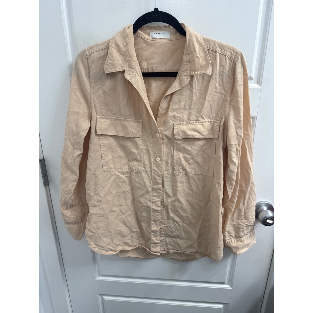 Babaton Aritzia Peach Beige Utility Button Down Shirt Small Dual Pocket Sleeves